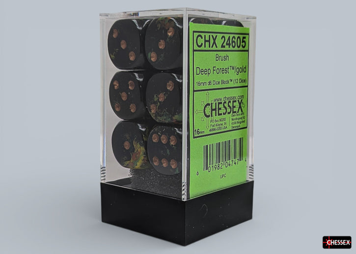 Brush Deep Forest/gold 16mm d6 Dice Block (12 dice)