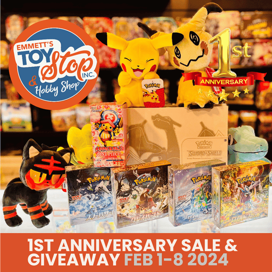 A photo of Pokemon TCG and plushies that we're giving away during our First Anniversary sale.