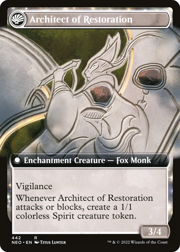 The Restoration of Eiganjo // Architect of Restoration (NEO-442) - [Kamigawa: Neon Dynasty]: (Extended Art, fandfc, enchantment)