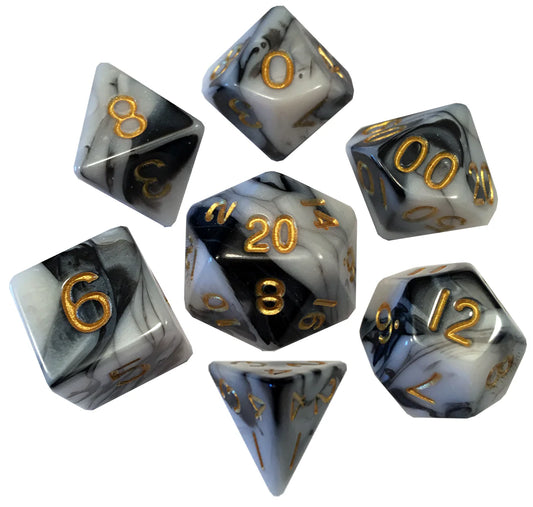 Marble with Gold Numbers 16mm Polyhedral Dice Set
