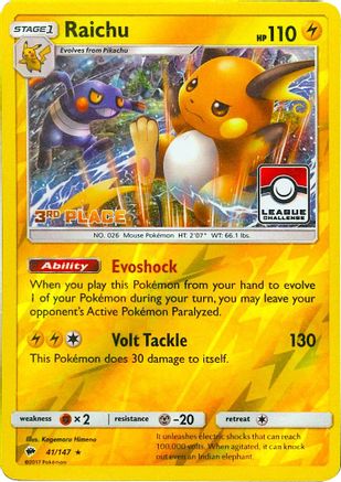 Raichu - 41/147 (League Challenge) [3rd Place] 41 - [League & Championship Cards] Reverse Holofoil