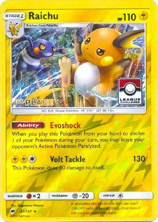 Raichu - 41/147 (League Challenge) [1st Place] 41 - [League & Championship Cards] Reverse Holofoil