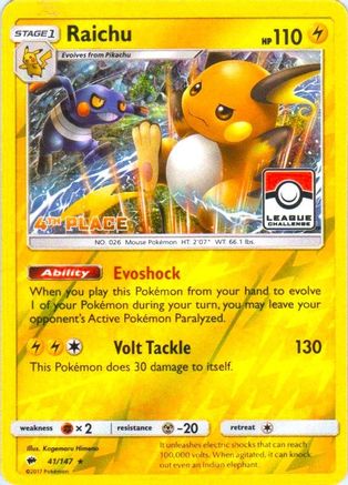 Raichu (41/147) (Promo de la Ligue 4e place) [Soleil et Lune : Ombres brûlantes] 