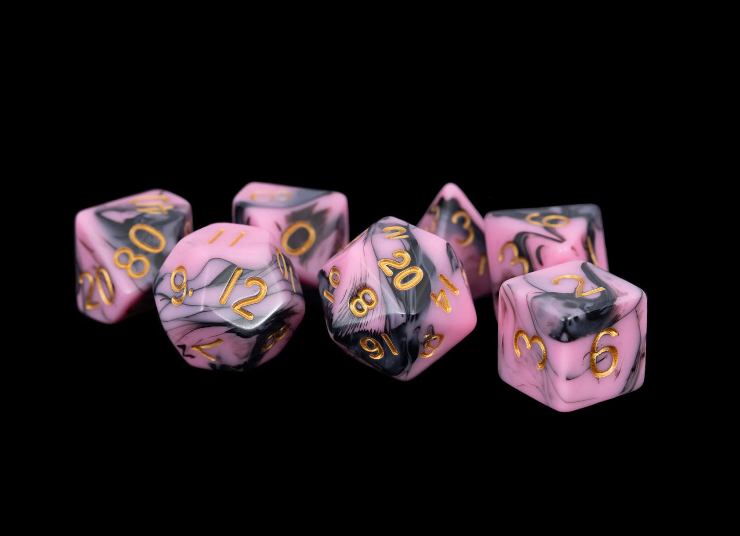 Pink & Black Marble with Gold Numbers 16mm Polyhedral Dice Set