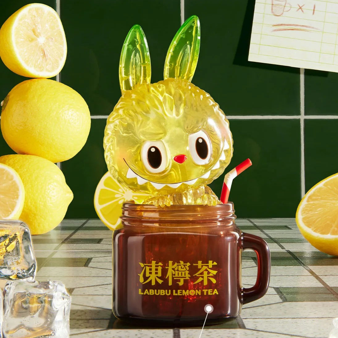 Animated rabbit character with a lemon on top of a cup, surrounded by lemons on a tiled surface.
