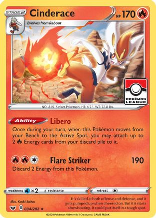 Cinderace - 034/202 (Pokemon League) 34 - [League & Championship Cards] Reverse Holofoil
