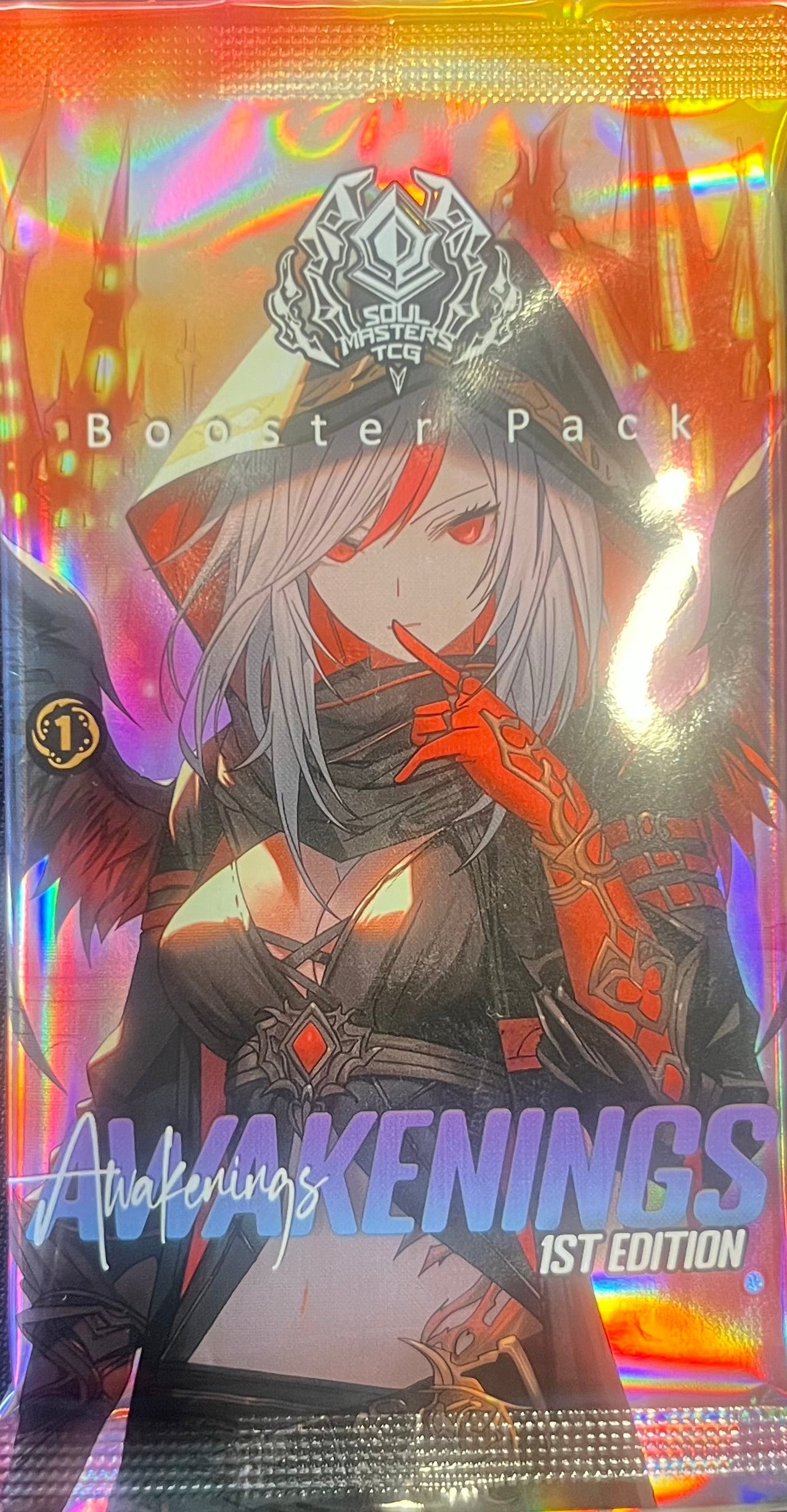 Holographic trading card pack featuring an anime-style character with gray hair and a crown on a black background.
