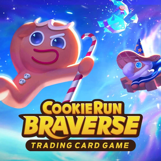 Promotional image for 'Cookie Run Braverse' trading card game with cartoon characters and colorful background.
