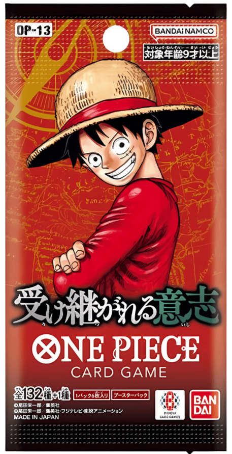 One Piece card game packaging with character design on a red background