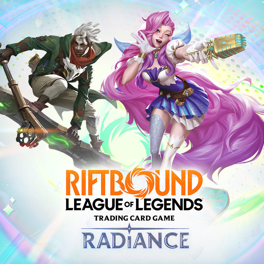 Promotional artwork for Riftbound League of Legends Trading Card Game featuring Radiance and a second League character on a glowing circular stage with the text 'OWN THE STAGE THE WORLD IS WATCHING COMING OCTOBER 23'.