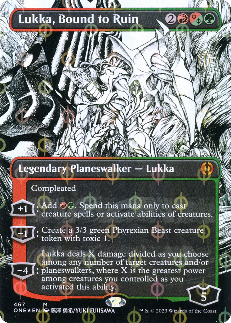 Lukka, Bound to Ruin (ONE-467) - [Phyrexia: All Will Be One]: (Showcase) (Borderless) Foil