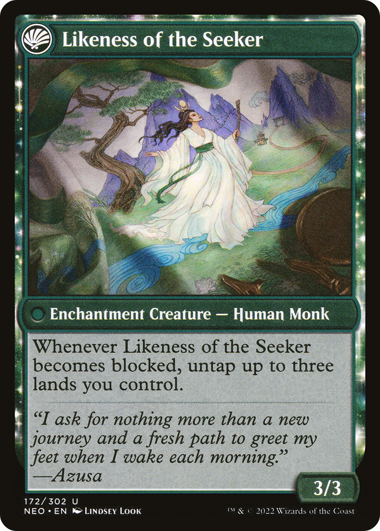Azusa's Many Journeys // Likeness of the Seeker (NEO-172) - [Kamigawa: Neon Dynasty]: (fandfc, enchantment)