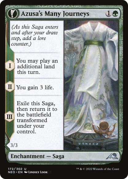 Azusa's Many Journeys // Likeness of the Seeker (NEO-172) - [Kamigawa: Neon Dynasty]: (fandfc, enchantment)