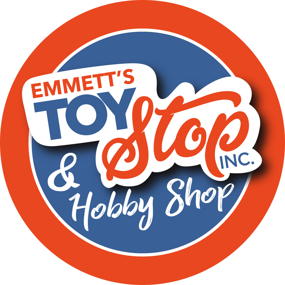Logo of Emmett's Toy Stop & Hobby Shop with a red and blue circular design.