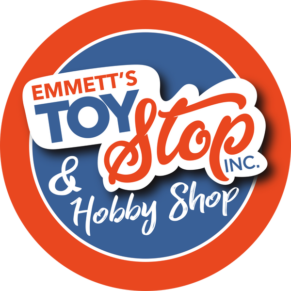 Logo of Emmett's Toy Stop & Hobby Shop with a red and blue circular design.