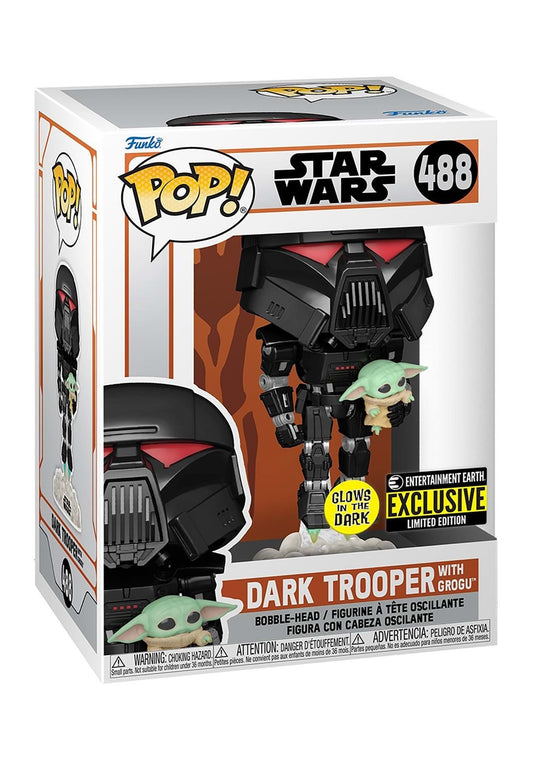 Star Wars: The Mandalorian Dark Trooper with Grogu Glow-in-the-Dark Pop! Vinyl Figure- Entertainment Earth Exclusive