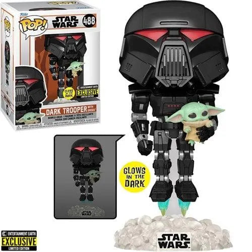 Star Wars: The Mandalorian Dark Trooper with Grogu Glow-in-the-Dark Pop! Vinyl Figure- Entertainment Earth Exclusive - Emmett's ToyStop